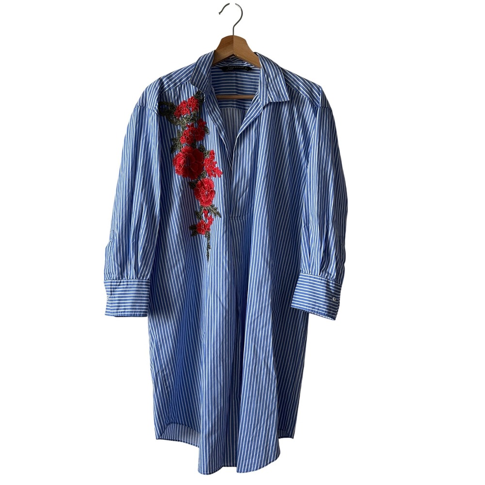 Zara Blue White Striped Tunic with Red Rose Embroidery